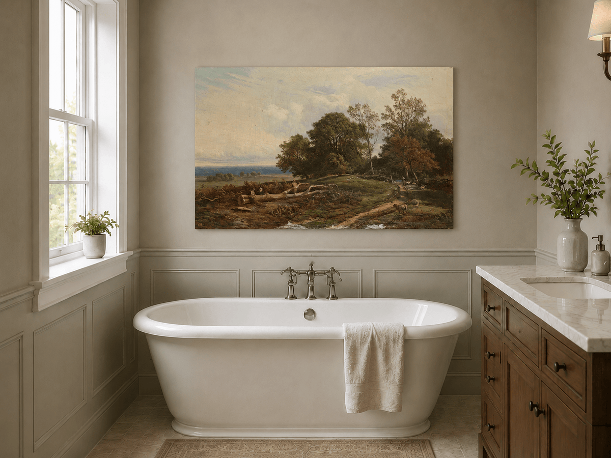 Peinture à l'huile de paysage - Scène de rivière hivernale avec personnages et chevaux