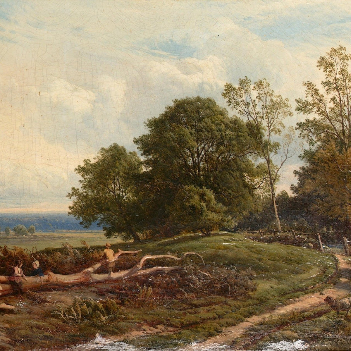 Hand-painted pastoral path with trees and sheep landscape oil painting on canvas
