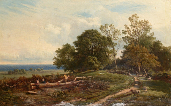 Hand-painted pastoral path with trees and sheep landscape oil painting on canvas