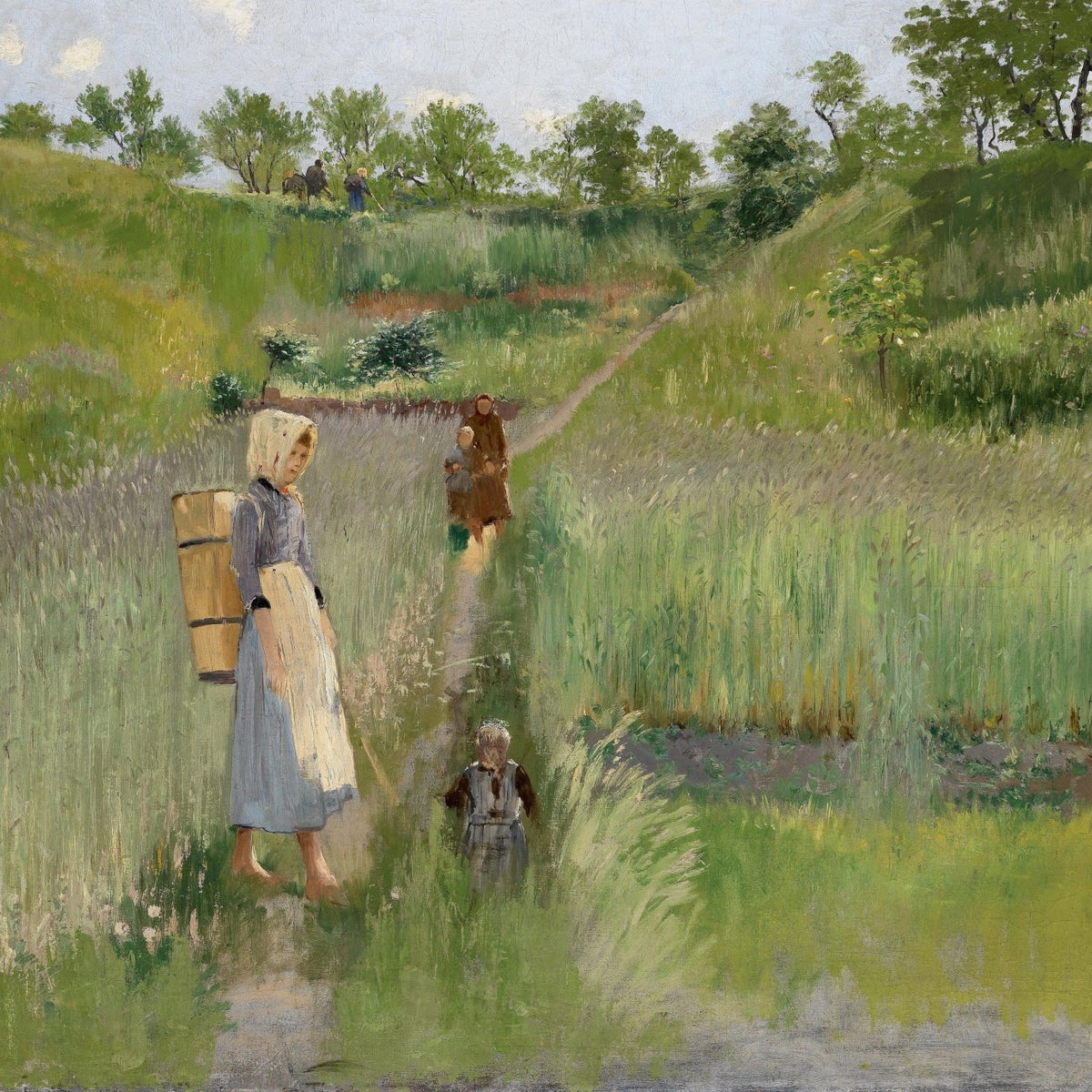 Landscape Oil Painting - Pastoral Path: Woman, Children & Field Workers - Oil Painting Haven