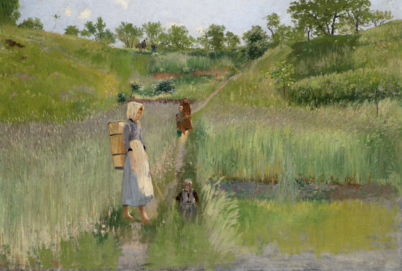 Landscape Oil Painting - Pastoral Path: Woman, Children & Field Workers - Oil Painting Haven