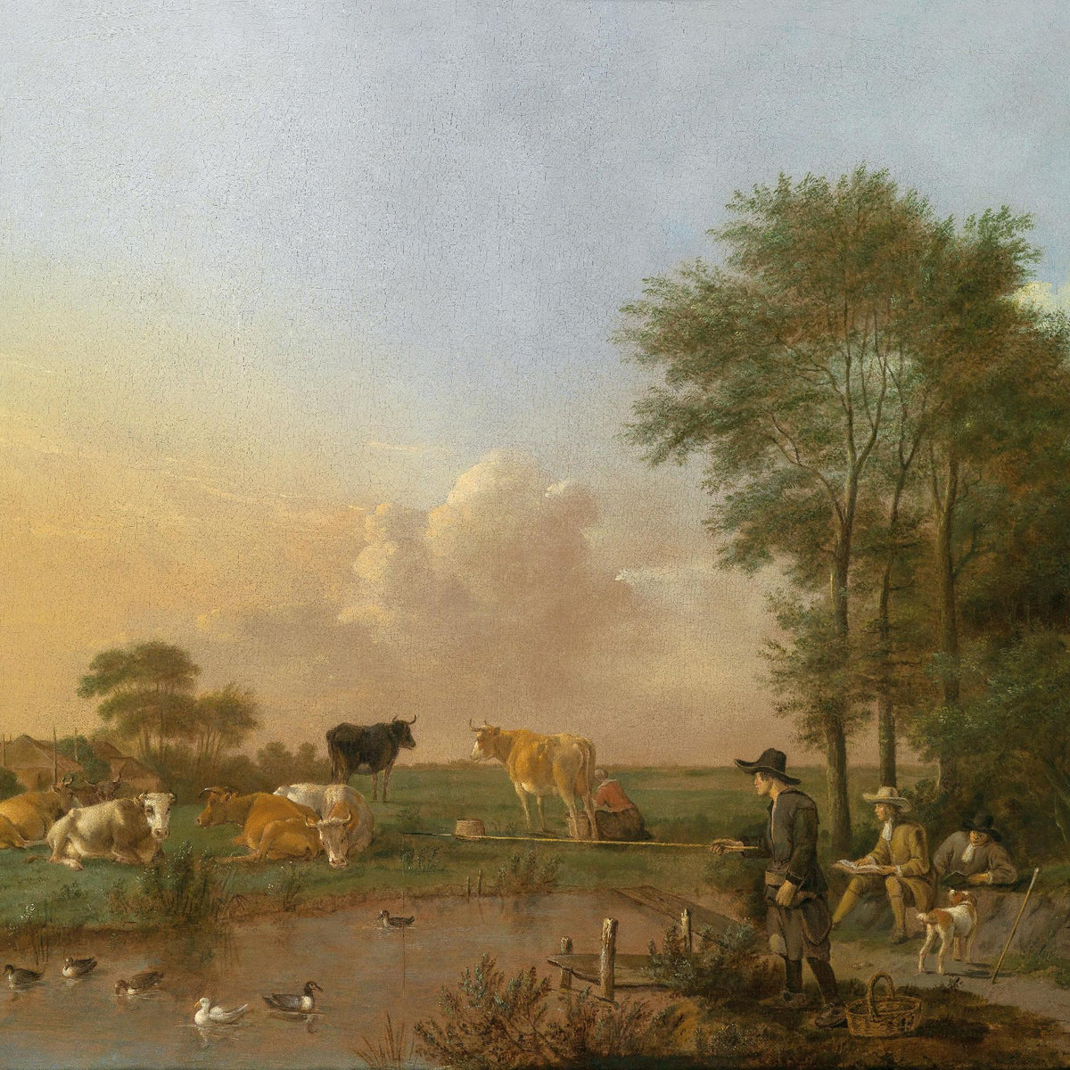 Landscape Oil Painting - Pastoral Pond with Cattle and Fisherman - Oil Painting Haven