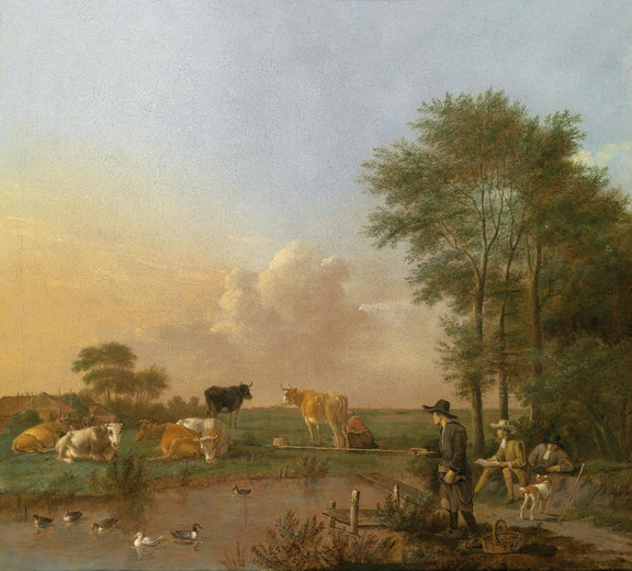 Landscape Oil Painting - Pastoral Pond with Cattle and Fisherman - Oil Painting Haven