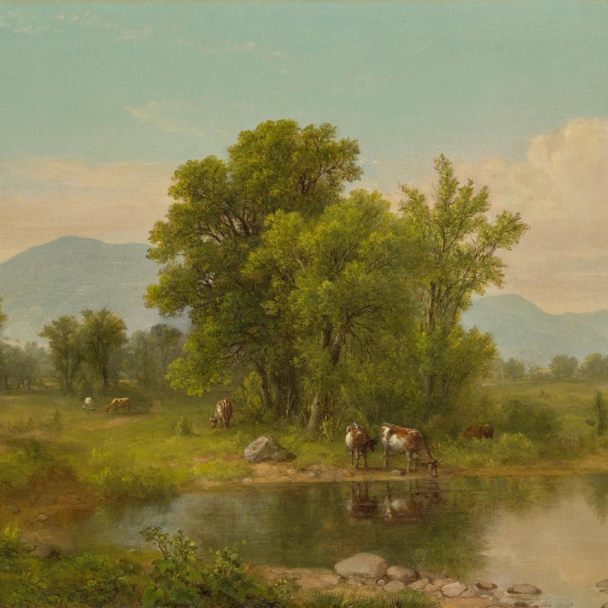 Hand-painted pastoral pond with cattle and trees landscape oil painting on canvas