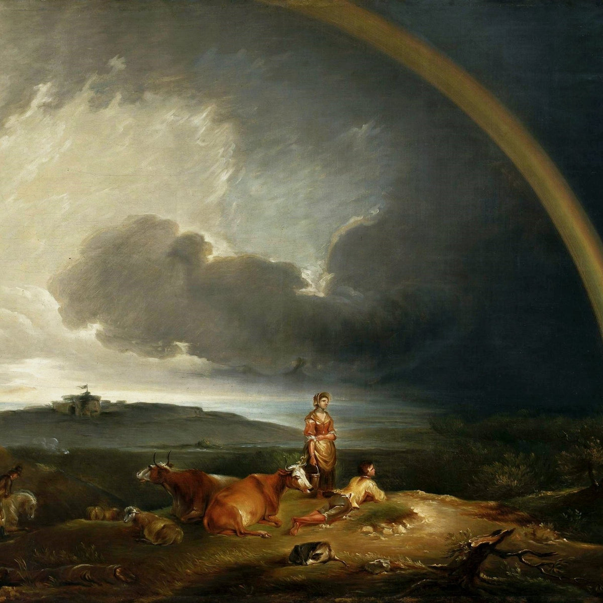 Landscape Oil Painting - Pastoral Rainbow Landscape with Cattle - Oil Painting Haven