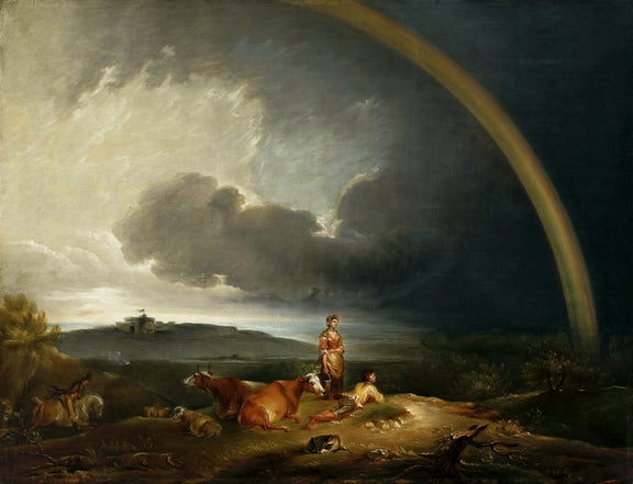 Landscape Oil Painting - Pastoral Rainbow Landscape with Cattle - Oil Painting Haven