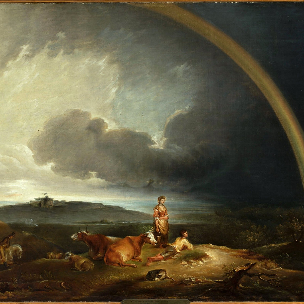 Landscape Oil Painting - Pastoral Rainbow Landscape with Cattle