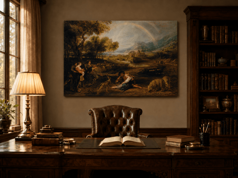 Landscape Oil Painting - Pastoral Rainbow Valley with Figures