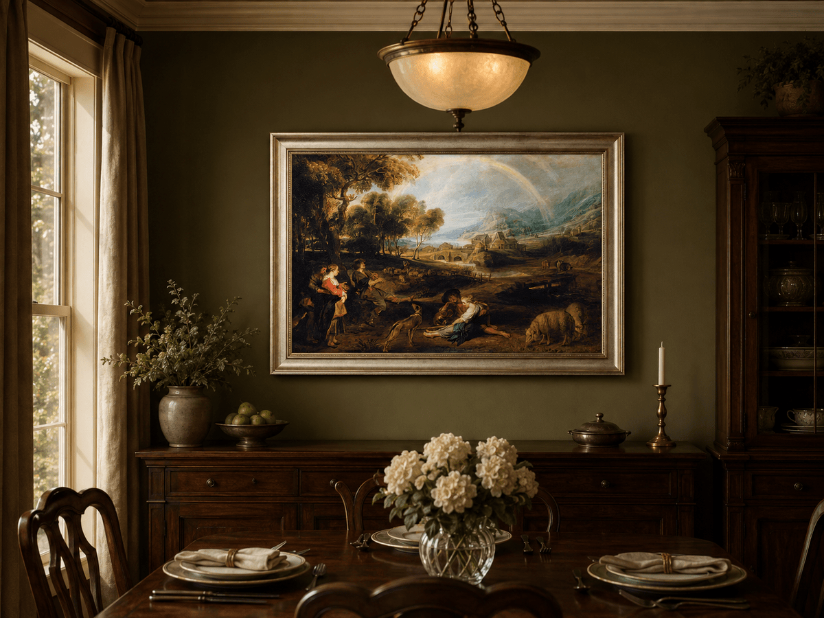 Landscape Oil Painting - Pastoral Rainbow Valley with Figures