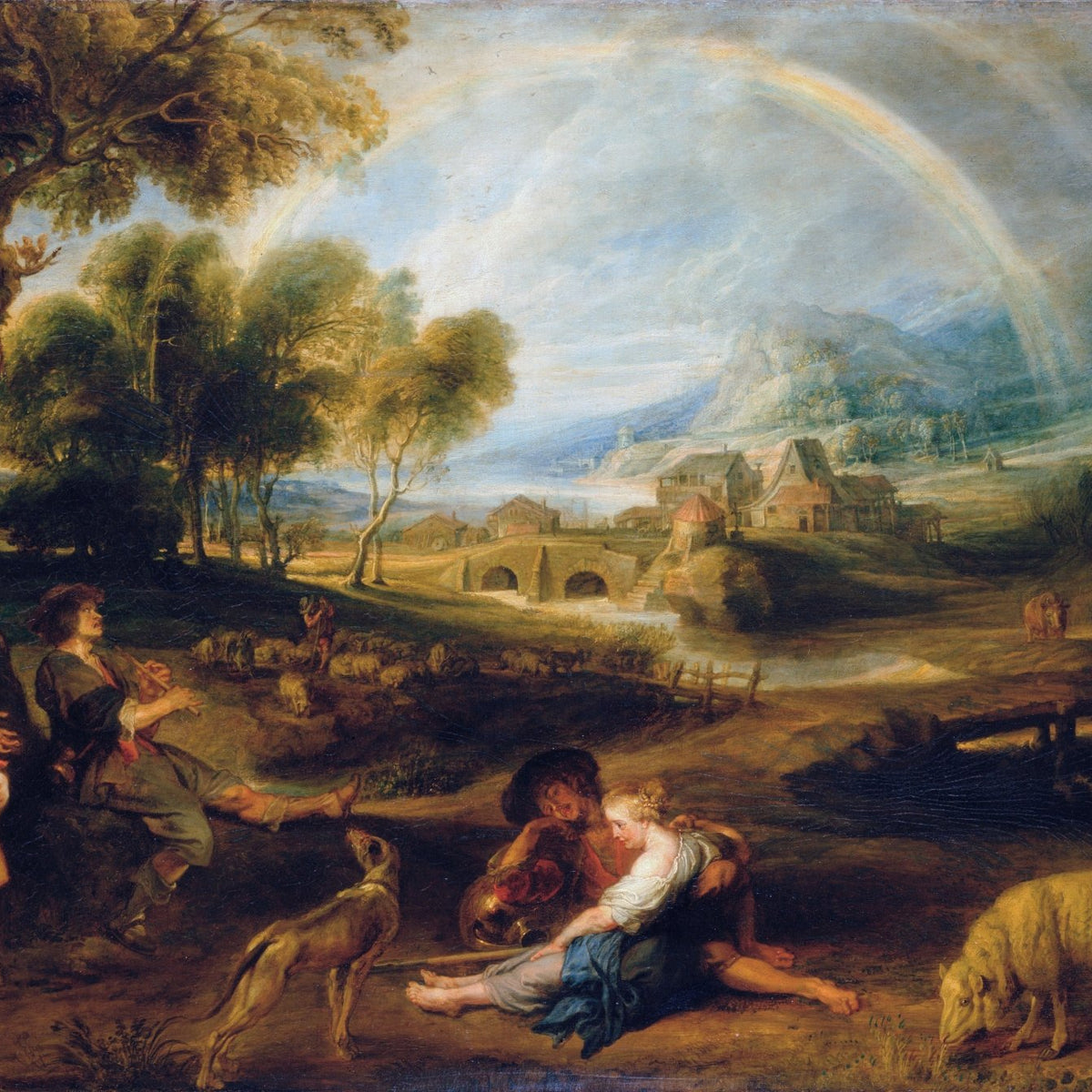 Hand-painted pastoral rainbow valley with figures landscape oil painting on canvas
