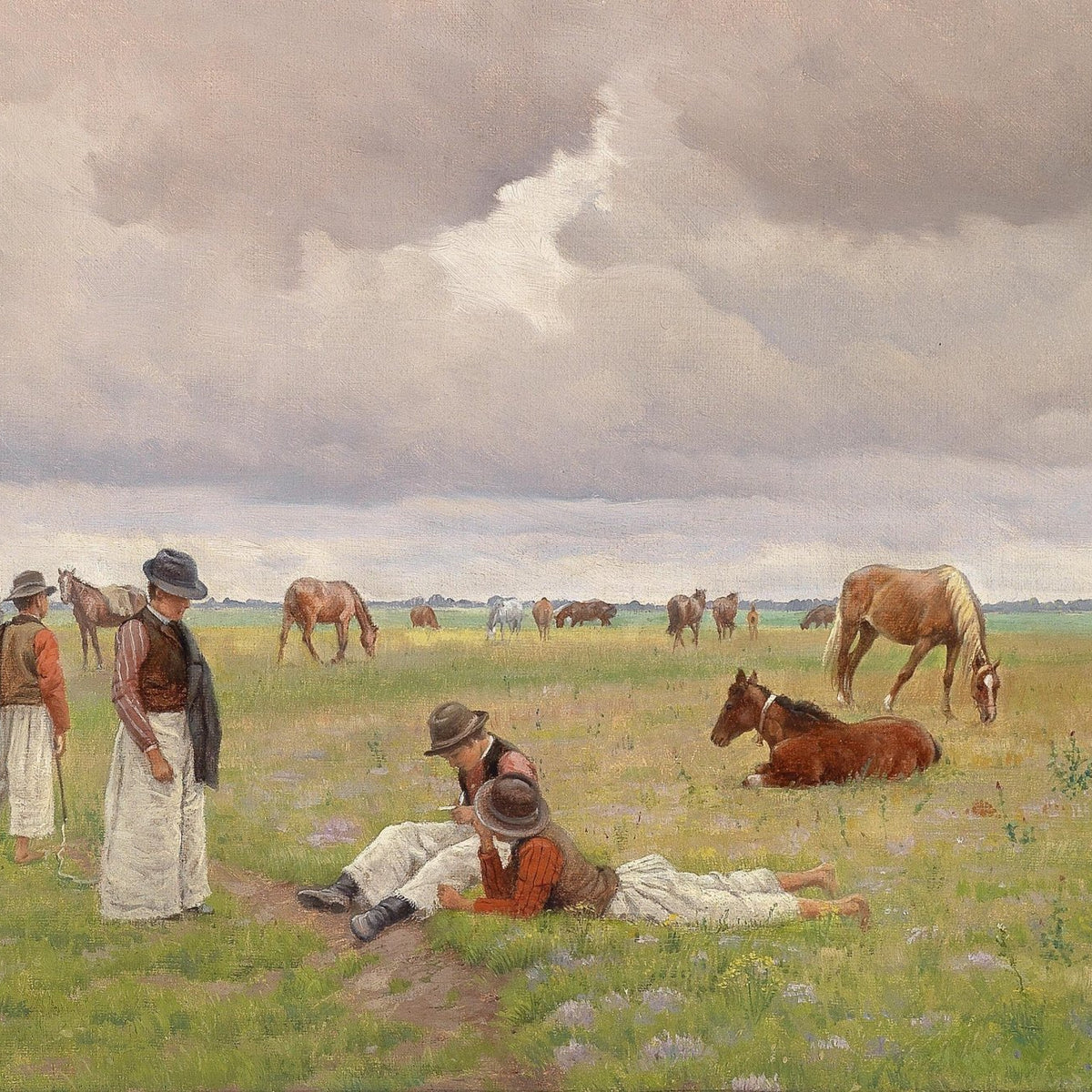 Landscape Oil Painting - Pastoral Ranch, Herders, Horses & Overcast Skies - Oil Painting Haven