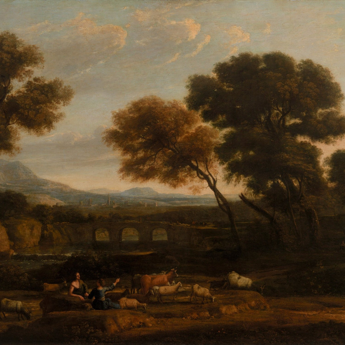 Landscape Oil Painting - Pastoral River Bridge at Sunset - Oil Painting Haven