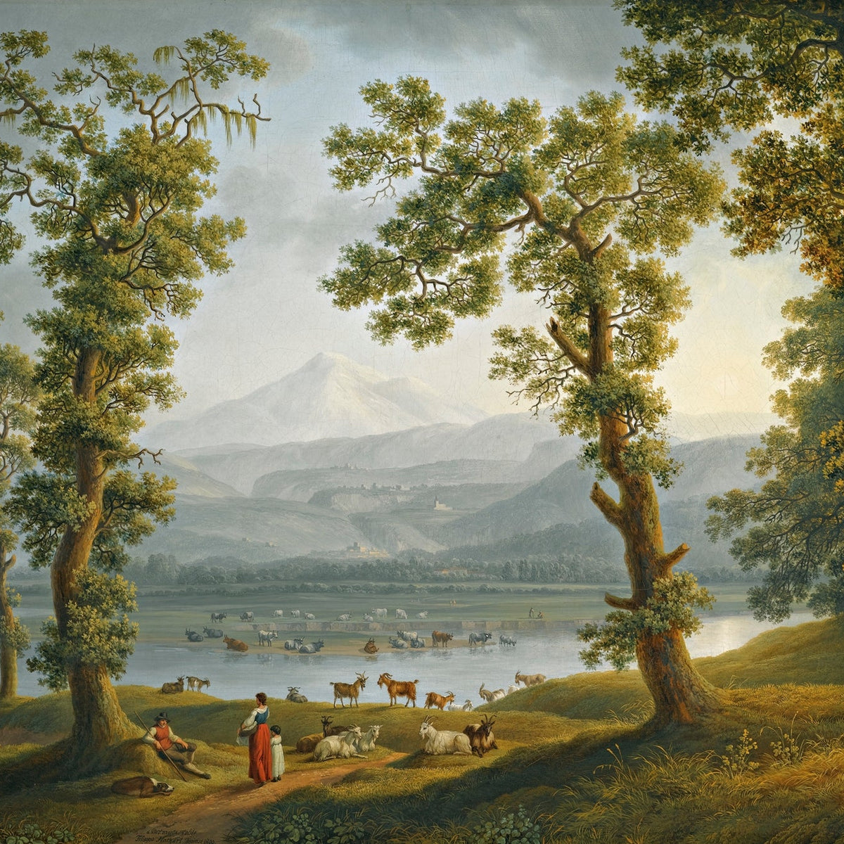 Landscape Oil Painting - Pastoral River, Herders & Volcanic Mountain - Oil Painting Haven