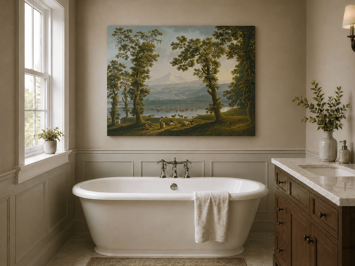 Landscape Oil Painting - Pastoral River, Herders & Volcanic