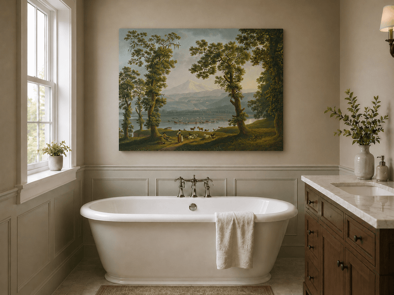 Landscape Oil Painting - Pastoral River, Herders & Volcanic