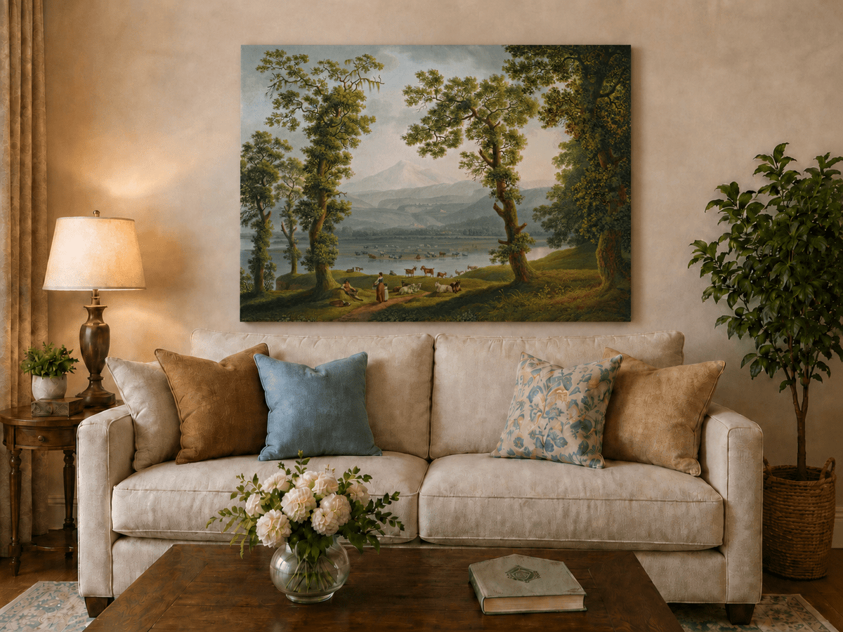 Landscape Oil Painting - Pastoral River, Herders & Volcanic