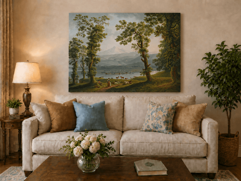 Landscape Oil Painting - Pastoral River, Herders & Volcanic