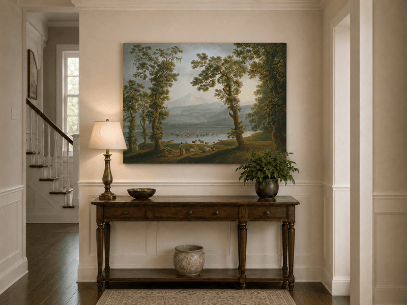 Landscape Oil Painting - Pastoral River, Herders & Volcanic