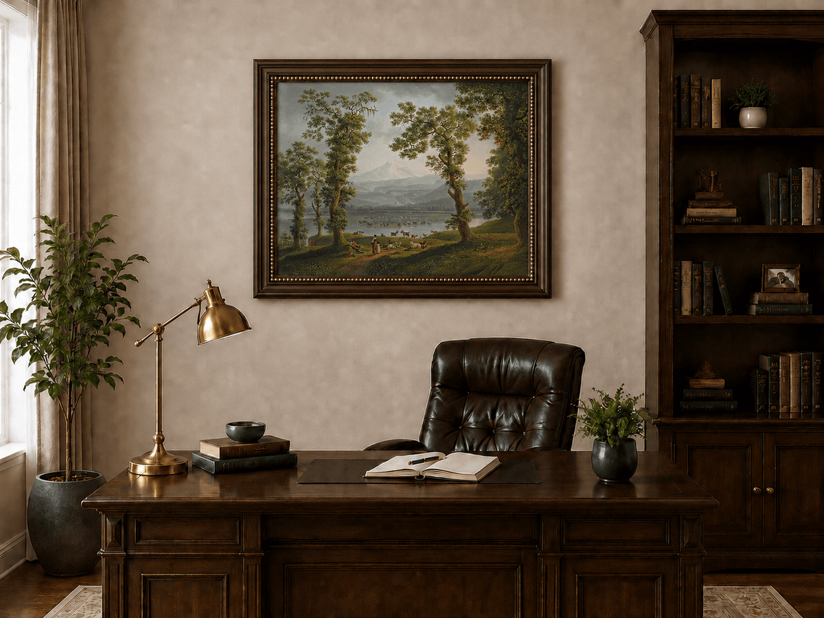 Landscape Oil Painting - Pastoral River, Herders & Volcanic