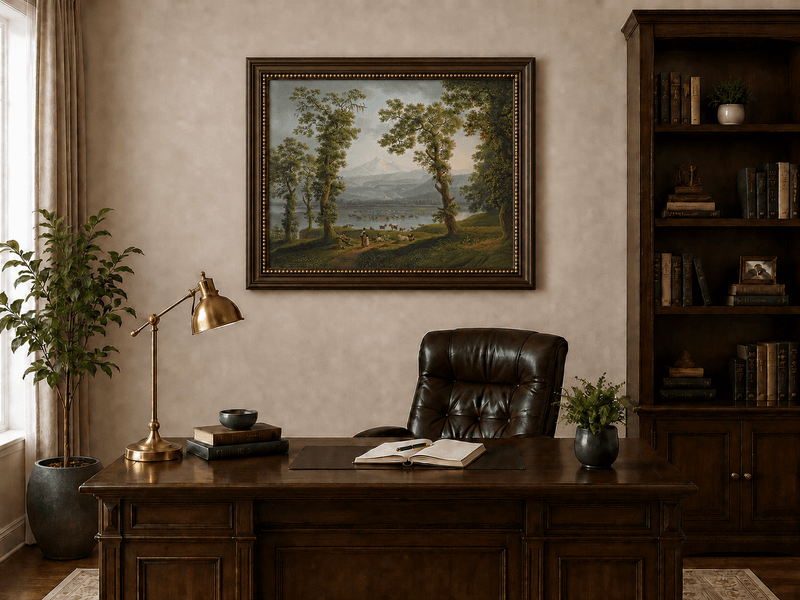 Landscape Oil Painting - Pastoral River, Herders & Volcanic