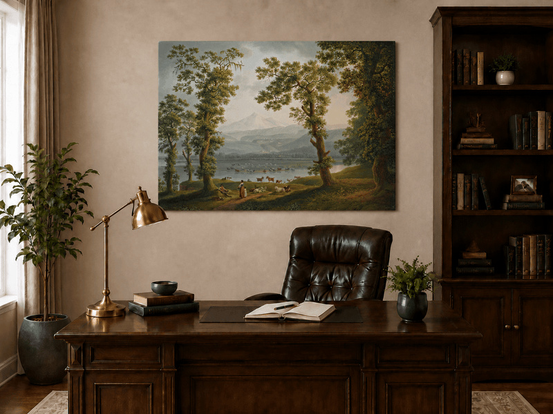 Landscape Oil Painting - Pastoral River, Herders & Volcanic