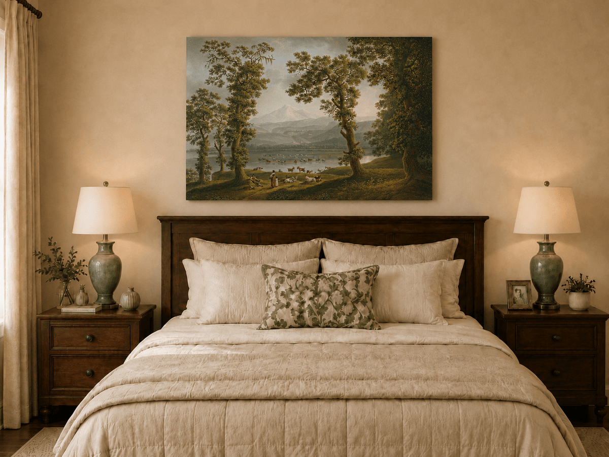 Landscape Oil Painting - Pastoral River, Herders & Volcanic