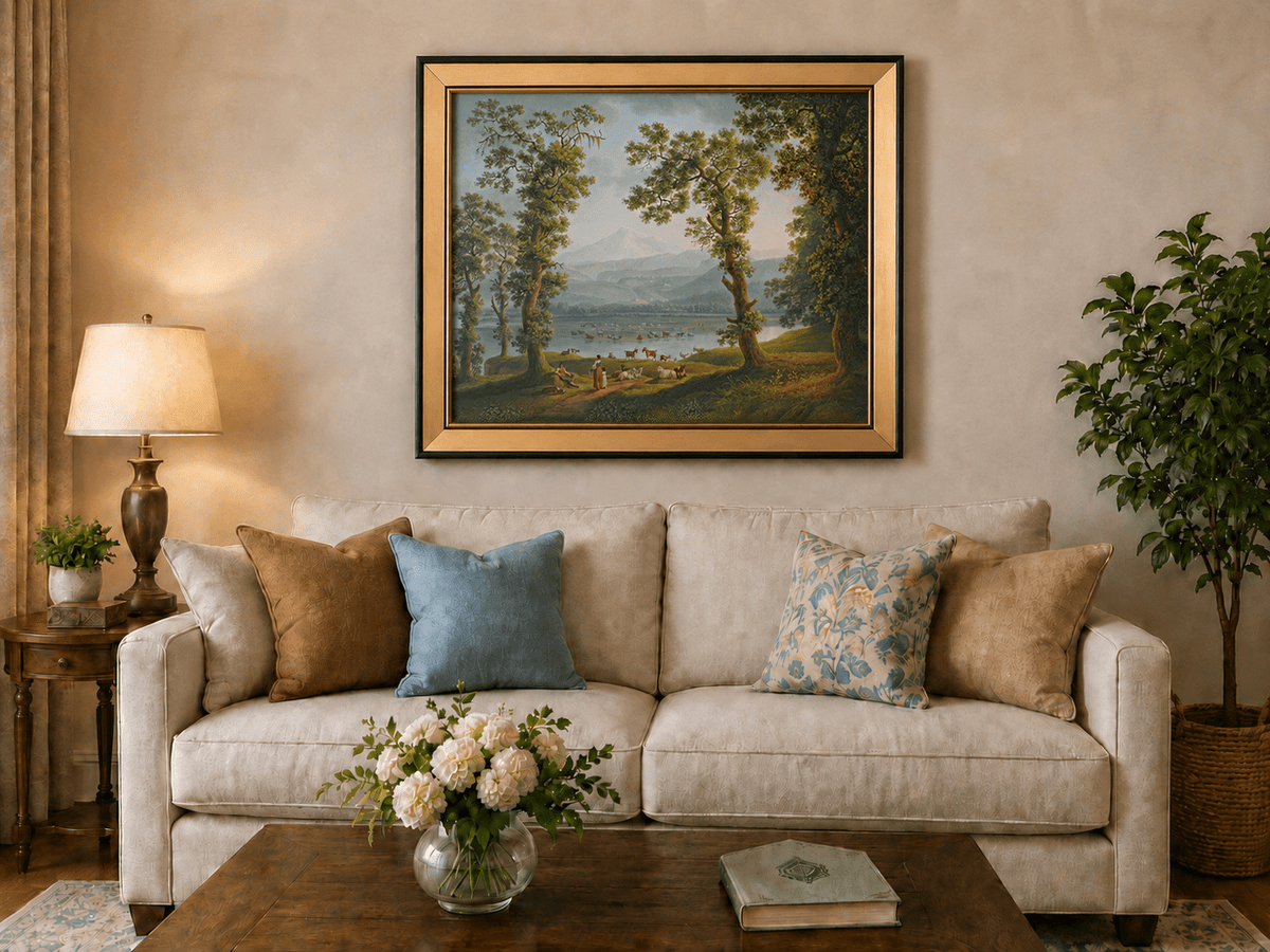 Landscape Oil Painting - Pastoral River, Herders & Volcanic