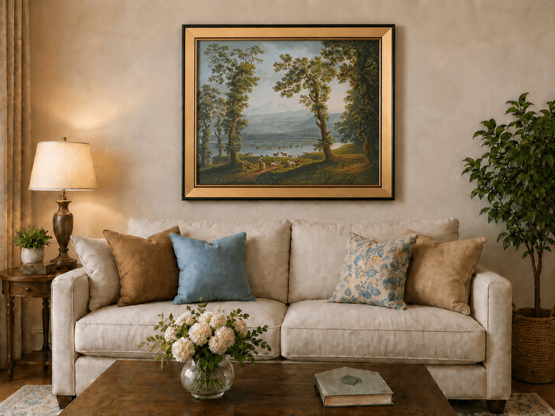 Landscape Oil Painting - Pastoral River, Herders & Volcanic
