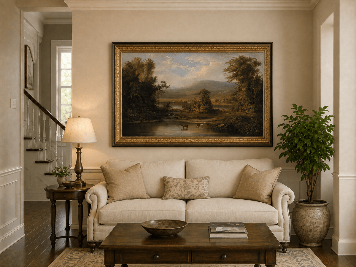 Landscape Oil Painting - Pastoral River Landscape with Cattle