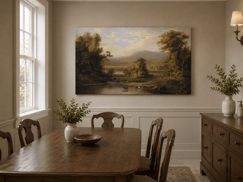 Landscape Oil Painting - Pastoral River Landscape with Cattle