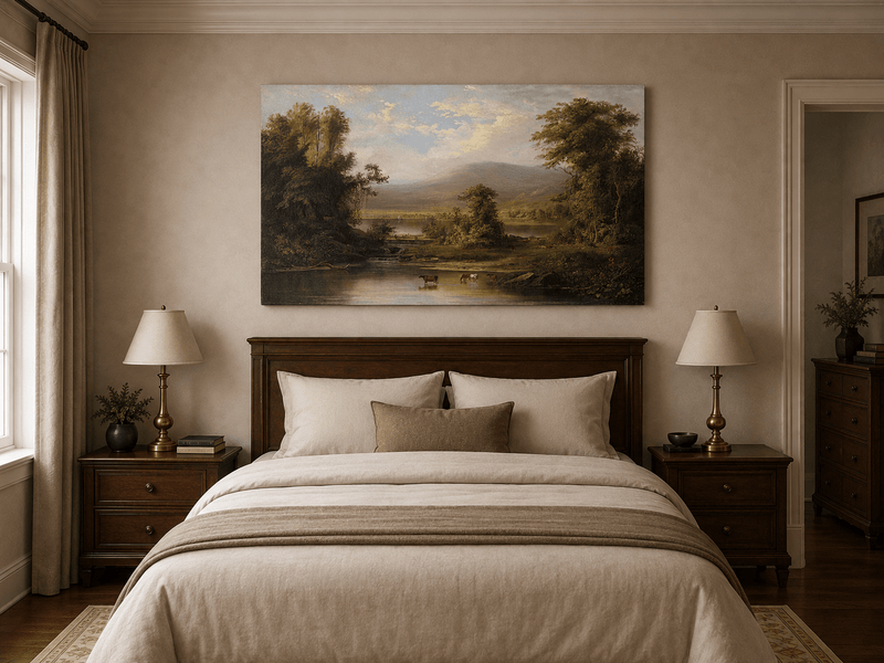 Landscape Oil Painting - Pastoral River Landscape with Cattle