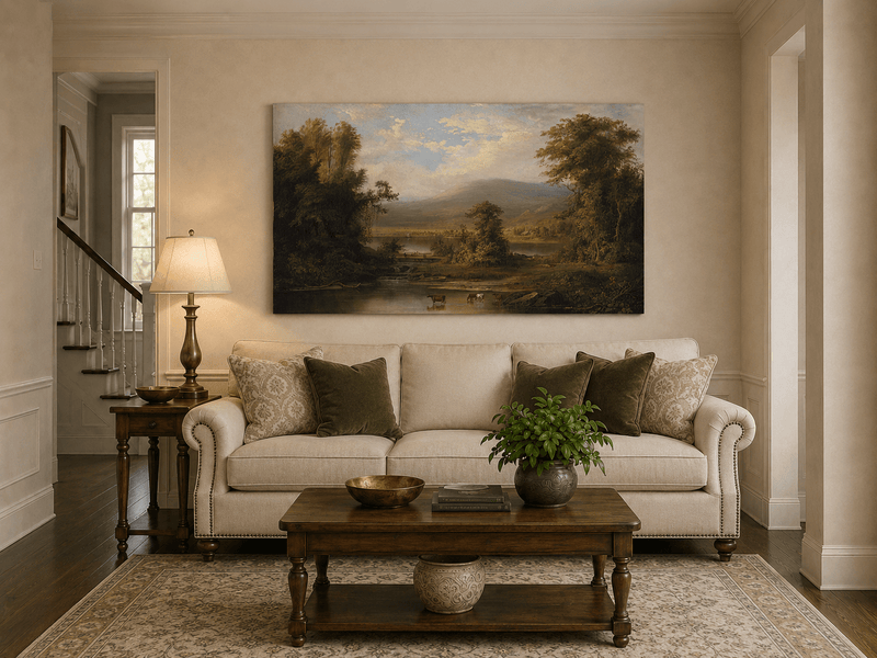 Landscape Oil Painting - Pastoral River Landscape with Cattle