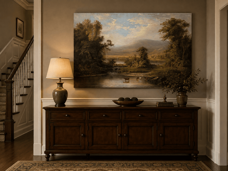 Landscape Oil Painting - Pastoral River Landscape with Cattle