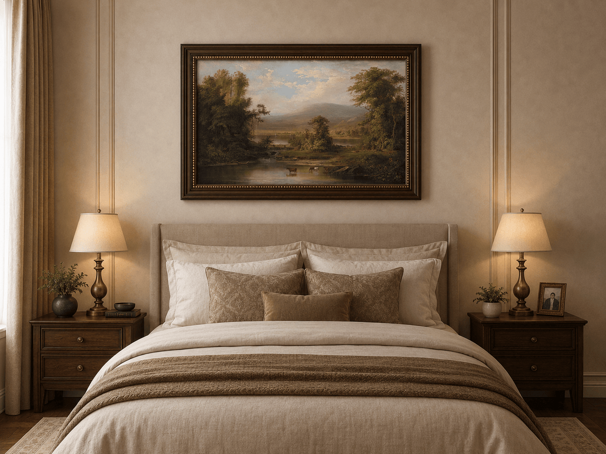 Landscape Oil Painting - Pastoral River Landscape with Cattle
