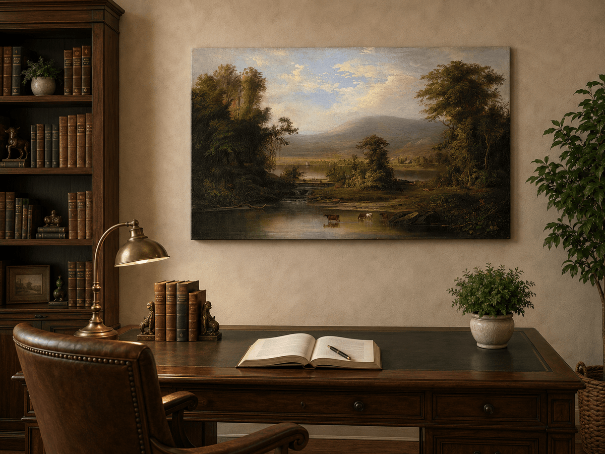 Landscape Oil Painting - Pastoral River Landscape with Cattle
