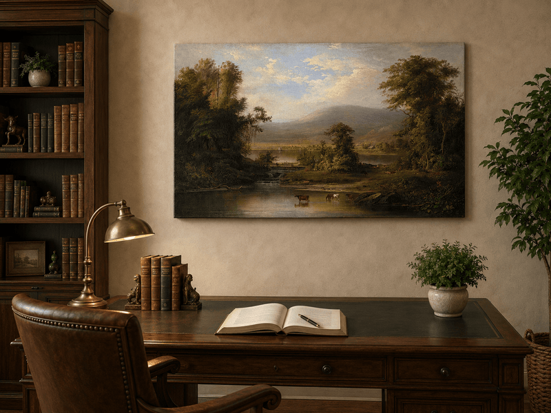 Landscape Oil Painting - Pastoral River Landscape with Cattle
