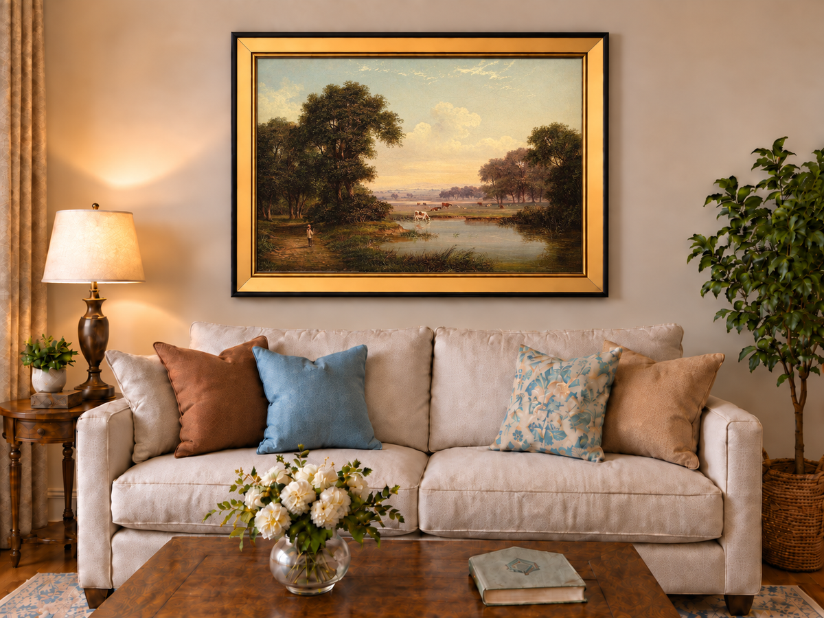Hand-painted Pastoral River Meadow with Cattle landscape oil painting displayed as wall art in a styled interior