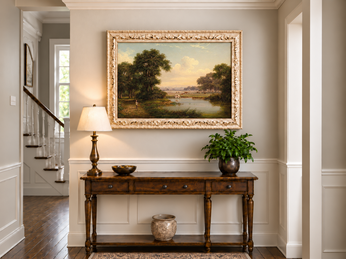Hand-painted Pastoral River Meadow with Cattle landscape oil painting displayed as wall art in a styled interior