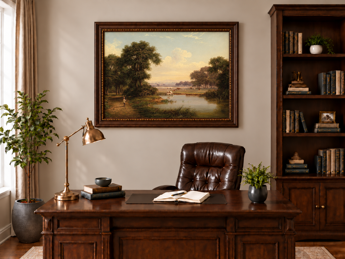 Hand-painted Pastoral River Meadow with Cattle landscape oil painting displayed as wall art in a styled interior