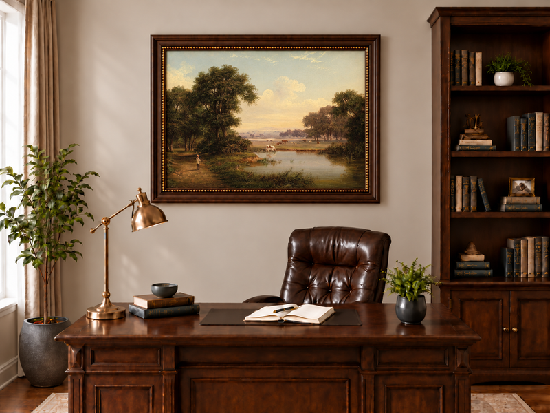 Hand-painted Pastoral River Meadow with Cattle landscape oil painting displayed as wall art in a styled interior