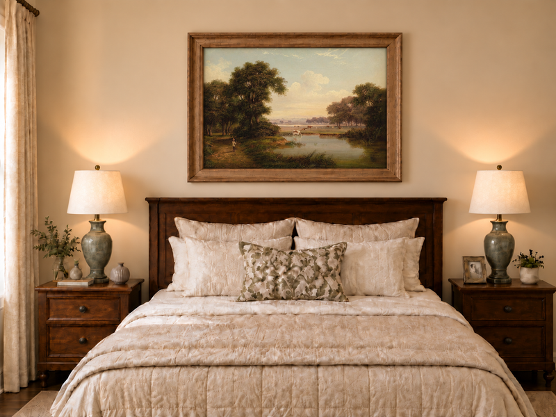 Hand-painted Pastoral River Meadow with Cattle landscape oil painting displayed as wall art in a styled interior