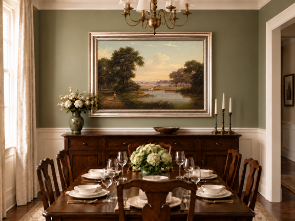 Hand-painted Pastoral River Meadow with Cattle landscape oil painting displayed as wall art in a styled interior