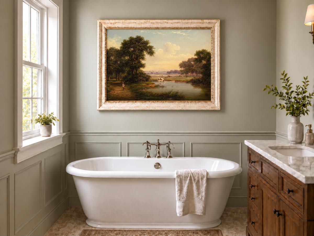 Hand-painted Pastoral River Meadow with Cattle landscape oil painting displayed as wall art in a styled interior