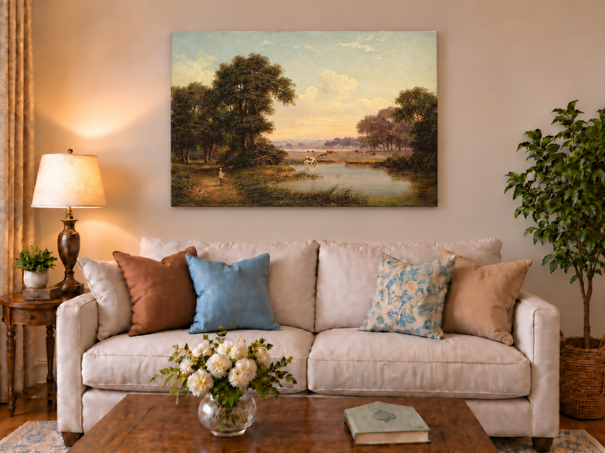 Hand-painted Pastoral River Meadow with Cattle landscape oil painting displayed as wall art in a styled interior