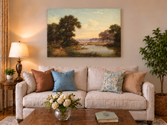 Hand-painted Pastoral River Meadow with Cattle landscape oil painting displayed as wall art in a styled interior