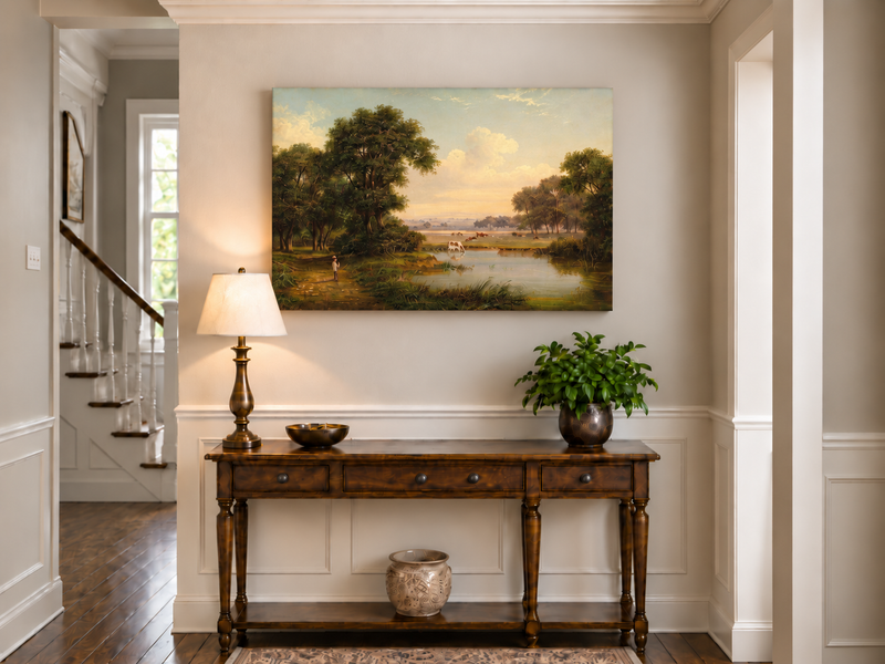 Hand-painted Pastoral River Meadow with Cattle landscape oil painting displayed as wall art in a styled interior