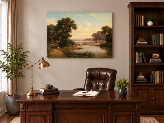 Hand-painted Pastoral River Meadow with Cattle landscape oil painting displayed as wall art in a styled interior