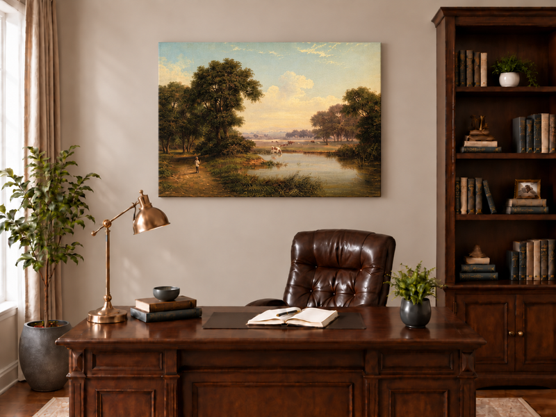 Hand-painted Pastoral River Meadow with Cattle landscape oil painting displayed as wall art in a styled interior