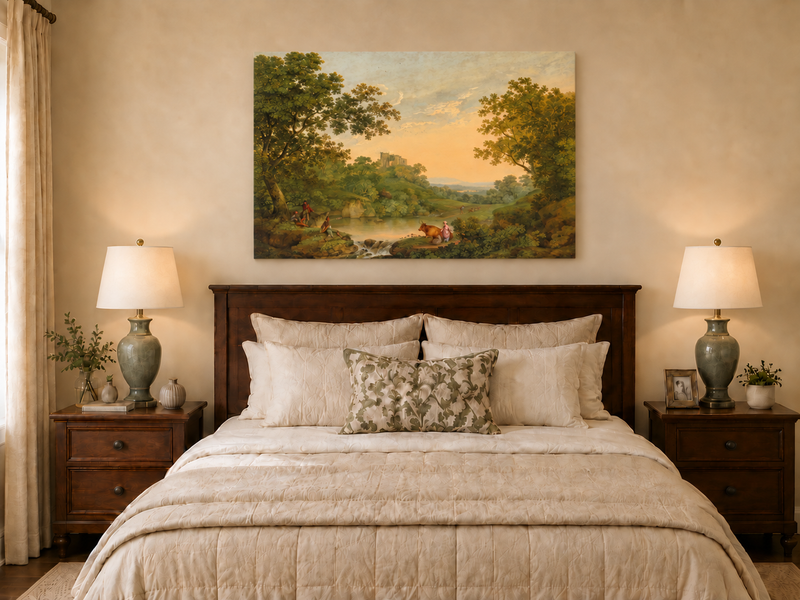 Hand-painted Pastoral River Meadow with Cattle landscape oil painting displayed as wall art in a styled interior