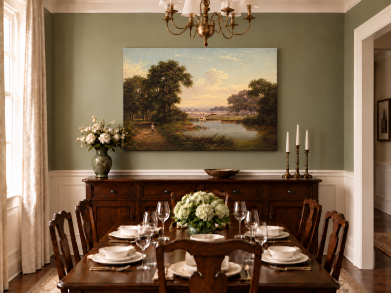 Hand-painted Pastoral River Meadow with Cattle landscape oil painting displayed as wall art in a styled interior
